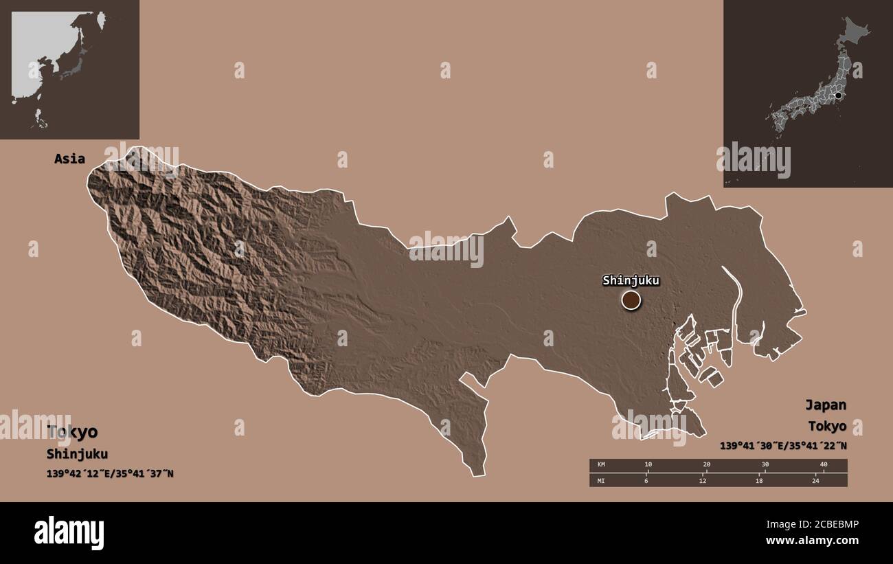 Form von Tokio, der Metropole Japans, und ihrer Hauptstadt. Entfernungsskala, Vorschauen und Beschriftungen. Farbige Höhenkarte. 3D-Rendering Stockfoto