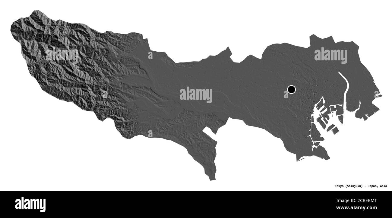 Form von Tokio, Metropole von Japan, mit seiner Hauptstadt isoliert auf weißem Hintergrund. Höhenkarte mit zwei Ebenen. 3D-Rendering Stockfoto