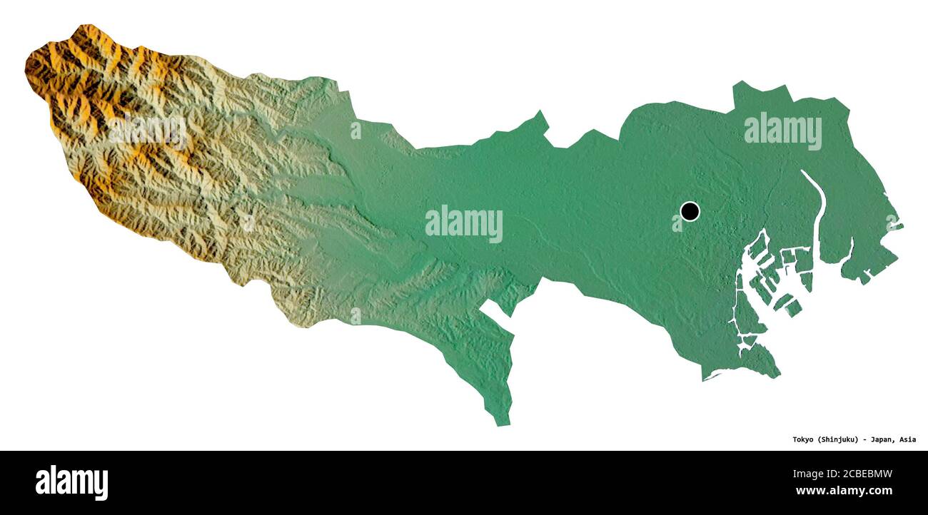 Form von Tokio, Metropole von Japan, mit seiner Hauptstadt isoliert auf weißem Hintergrund. Topografische Reliefkarte. 3D-Rendering Stockfoto