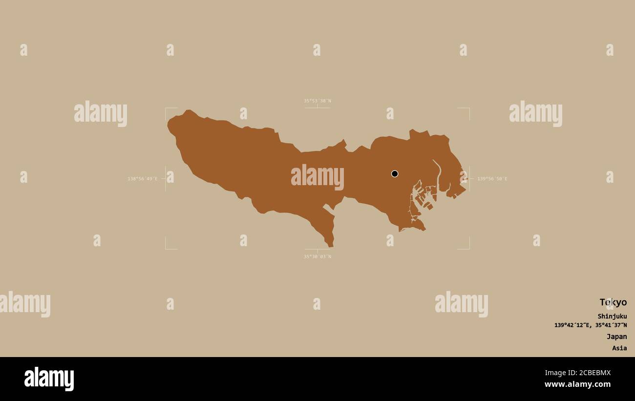 Bereich von Tokyo, Metropole von Japan, isoliert auf einem soliden Hintergrund in einem georeferenzierten Begrenzungsrahmen. Beschriftungen. Komposition von gemusterten Texturen. 3D-Rend Stockfoto