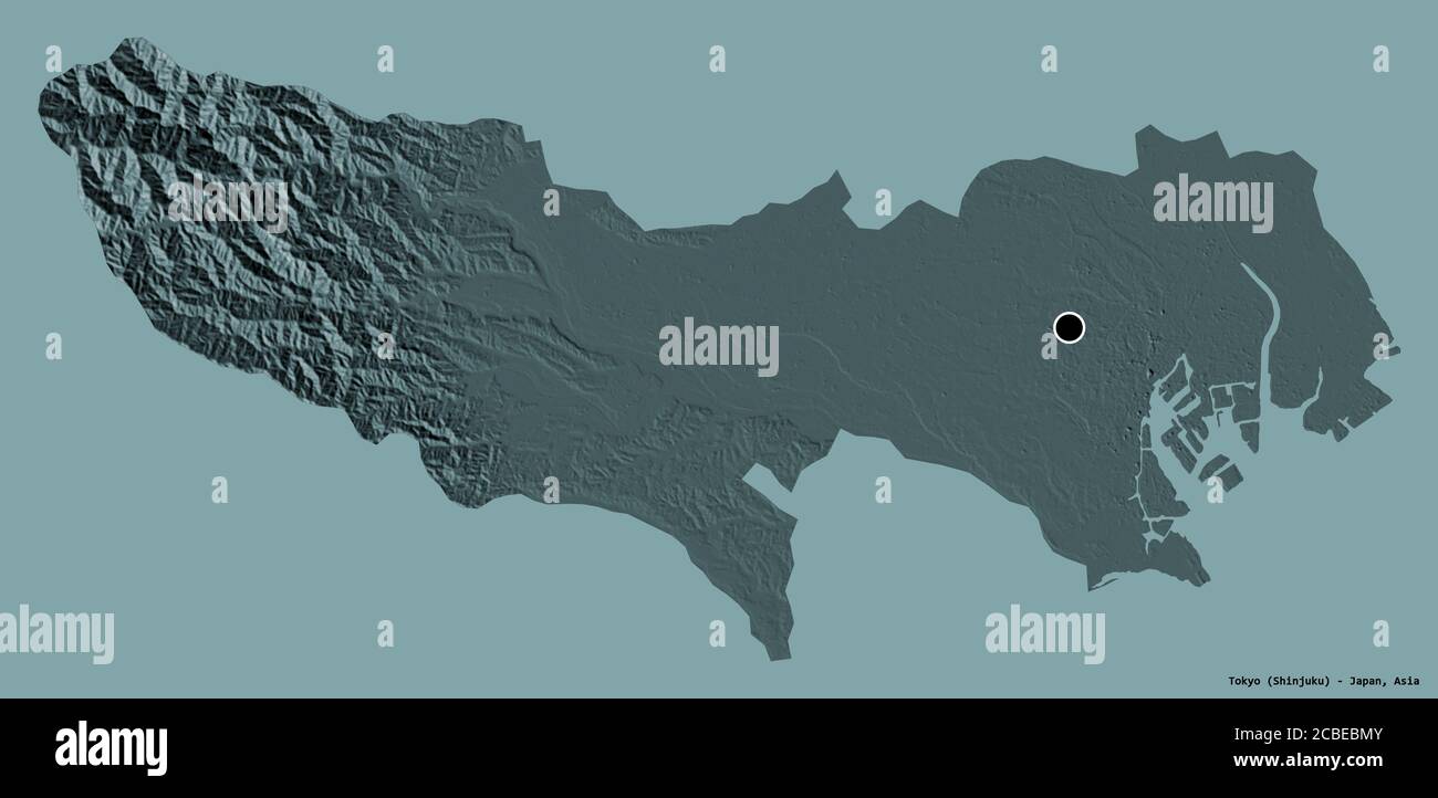Form von Tokio, Metropole von Japan, mit seiner Hauptstadt isoliert auf einem einfarbigen Hintergrund. Farbige Höhenkarte. 3D-Rendering Stockfoto