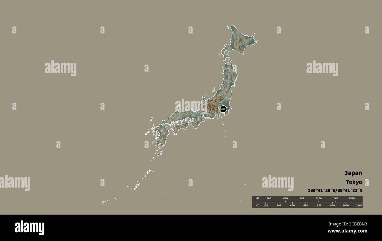 Entsättigte Form von Japan mit seiner Hauptstadt, Hauptregionalteilung und dem abgetrennten Tokyo-Gebiet. Beschriftungen. Topografische Reliefkarte. 3D-Rendering Stockfoto