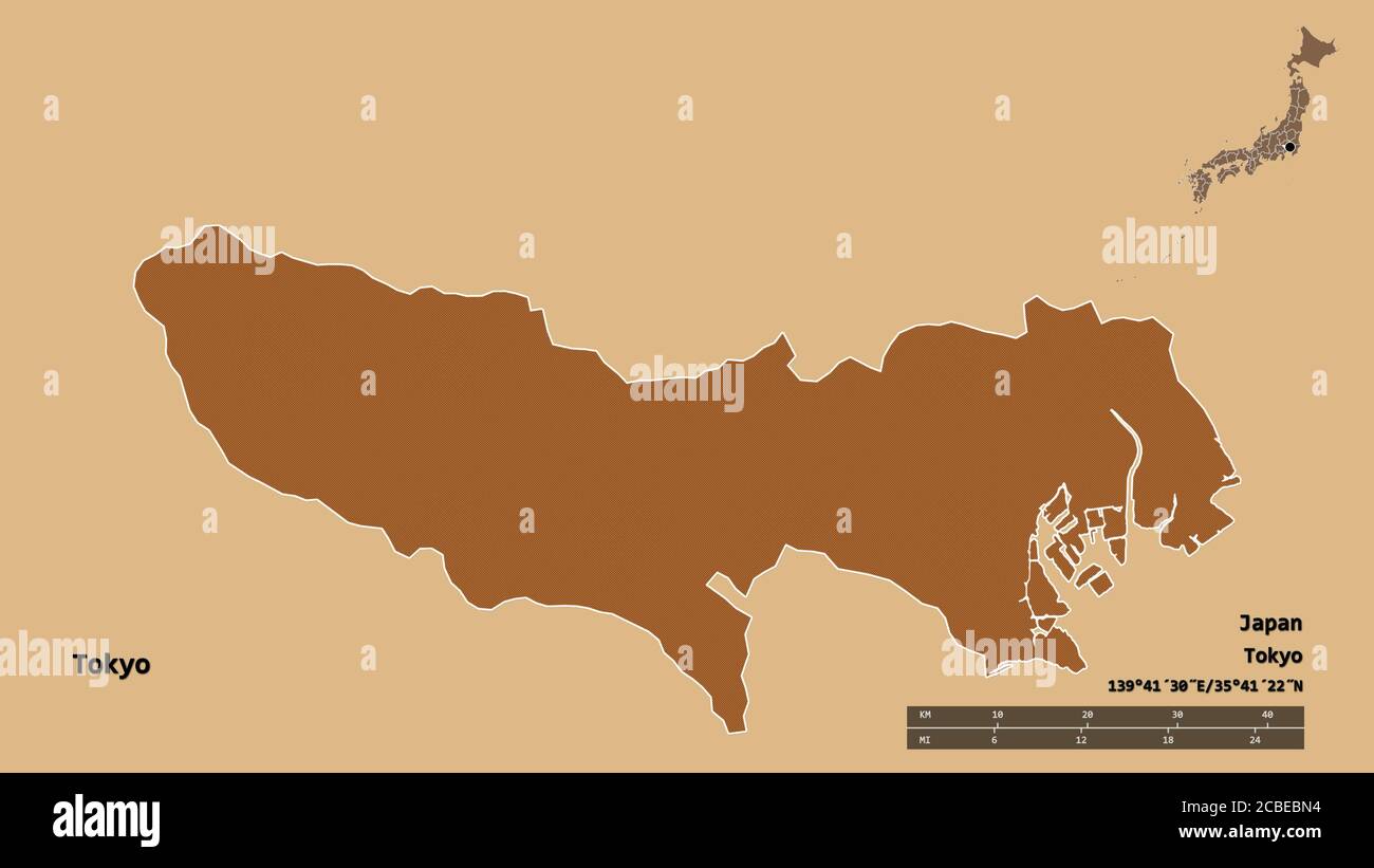 Form von Tokio, Metropole von Japan, mit seiner Hauptstadt isoliert auf festem Hintergrund. Entfernungsskala, Regionenvorschau und Beschriftungen. Zusammensetzung des Musteres Stockfoto