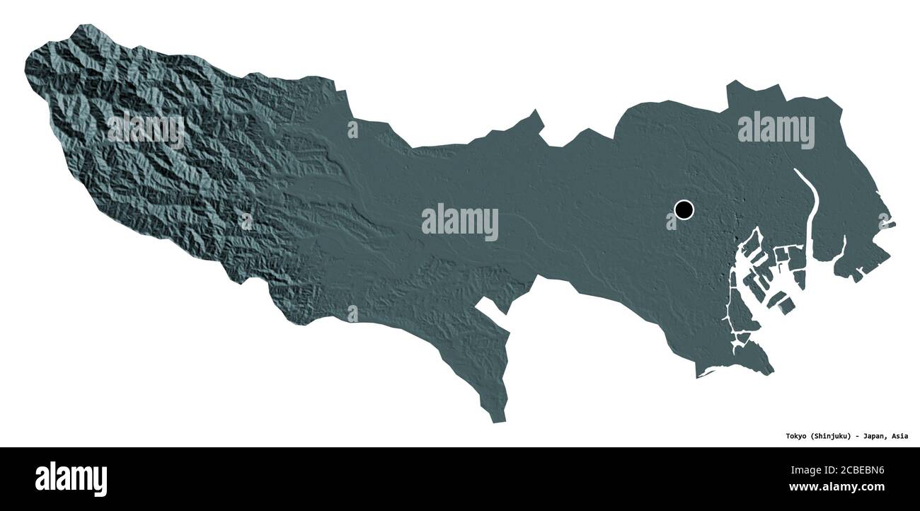 Form von Tokio, Metropole von Japan, mit seiner Hauptstadt isoliert auf weißem Hintergrund. Farbige Höhenkarte. 3D-Rendering Stockfoto