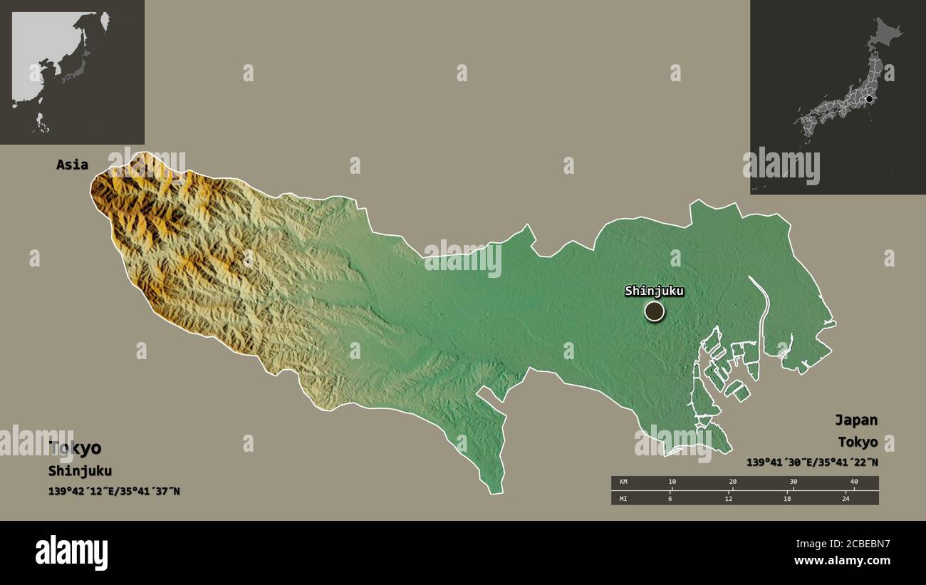 Form von Tokio, der Metropole Japans, und ihrer Hauptstadt. Entfernungsskala, Vorschauen und Beschriftungen. Topografische Reliefkarte. 3D-Rendering Stockfoto
