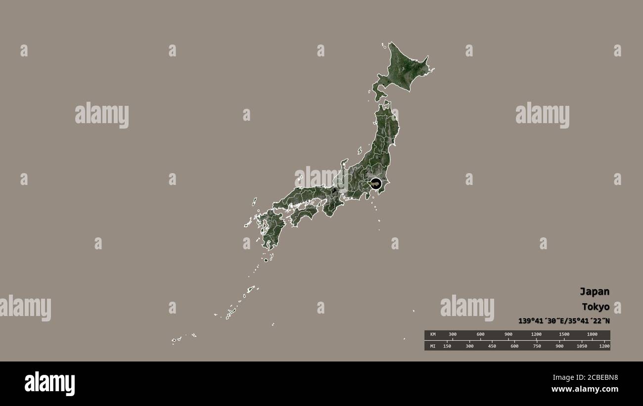 Entsättigte Form von Japan mit seiner Hauptstadt, Hauptregionalteilung und dem abgetrennten Tokyo-Gebiet. Beschriftungen. Satellitenbilder. 3D-Rendering Stockfoto