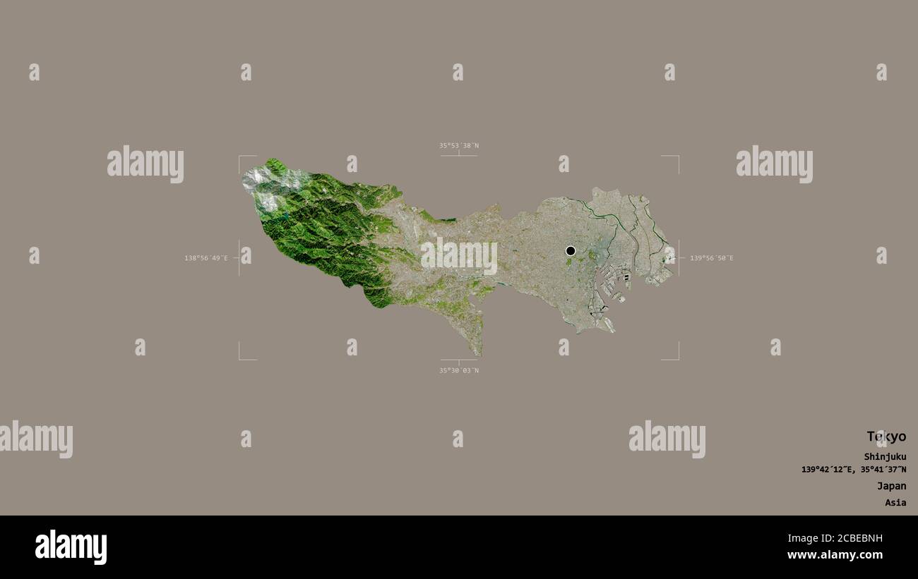 Bereich von Tokyo, Metropole von Japan, isoliert auf einem soliden Hintergrund in einem georeferenzierten Begrenzungsrahmen. Beschriftungen. Satellitenbilder. 3D-Rendering Stockfoto