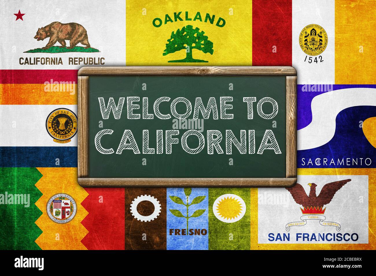 Willkommen Sie bei CALIFORNIA - Vintage-Hintergrund-Konzept Stockfoto