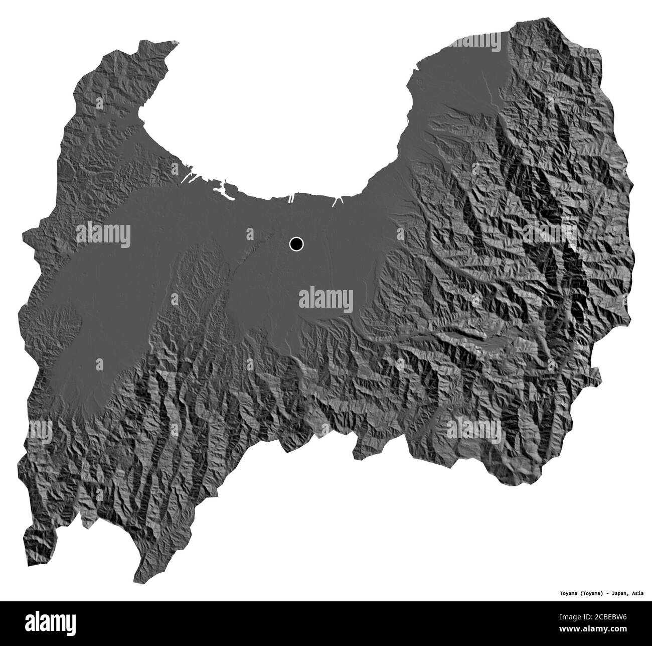 Form von Toyama, Präfektur von Japan, mit seiner Hauptstadt isoliert auf weißem Hintergrund. Höhenkarte mit zwei Ebenen. 3D-Rendering Stockfoto