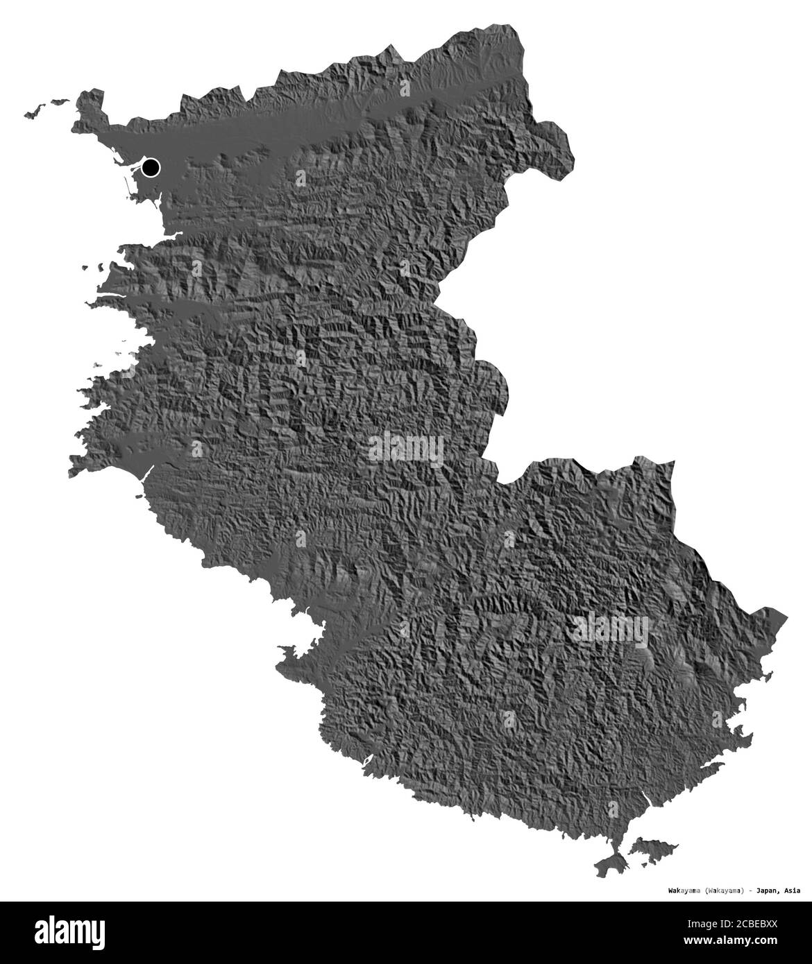 Form von Wakayama, Präfektur von Japan, mit seiner Hauptstadt isoliert auf weißem Hintergrund. Höhenkarte mit zwei Ebenen. 3D-Rendering Stockfoto