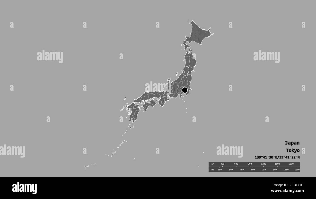 Entsättigte Form von Japan mit seiner Hauptstadt, der wichtigsten regionalen Teilung und dem abgetrennten Yamagata-Gebiet. Beschriftungen. Höhenkarte mit zwei Ebenen. 3D-Rendering Stockfoto