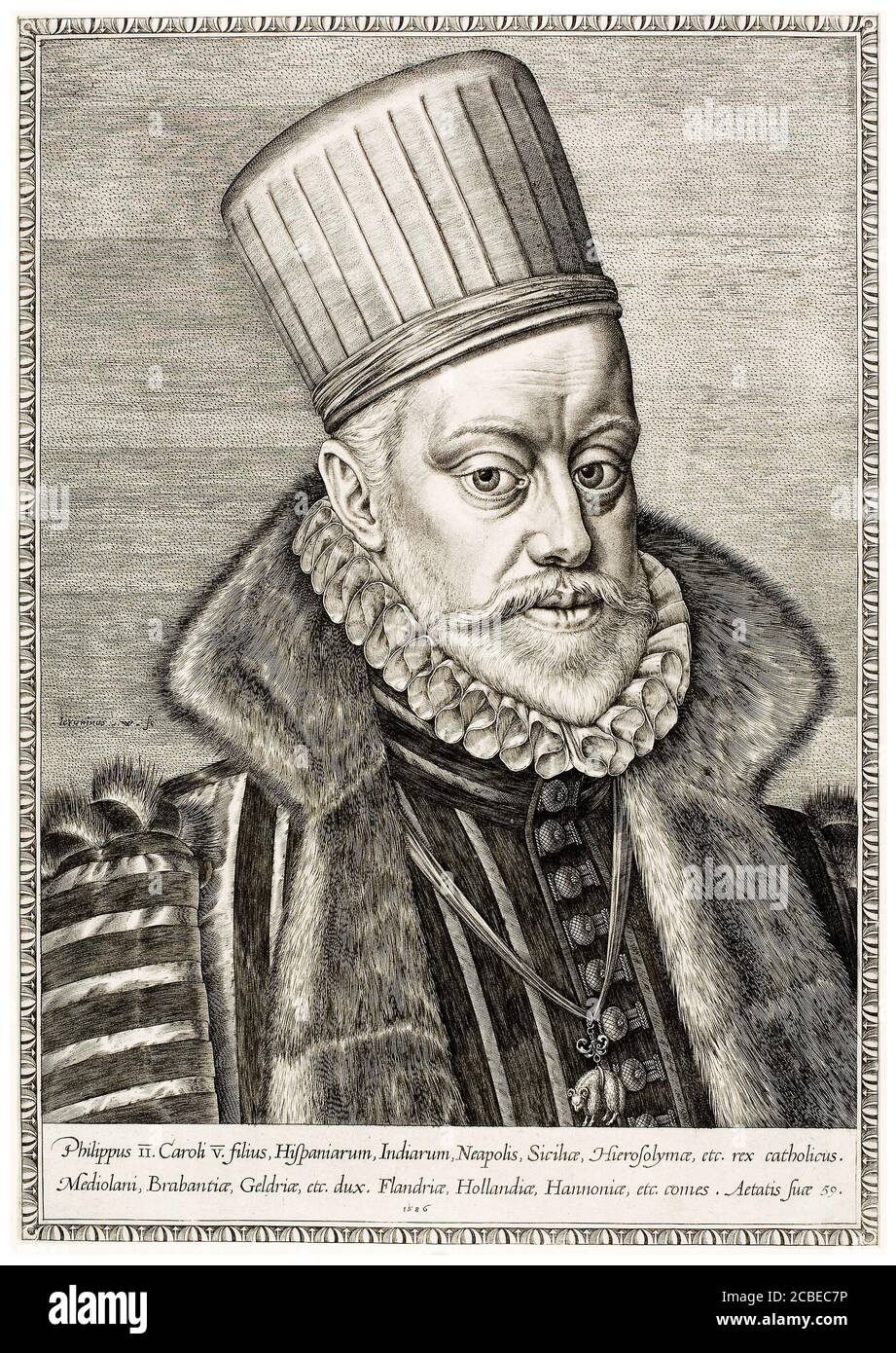König Philipp III. Von Spanien (1578-1621), Porträtstich von Hieronymus Wierix, 1586 Stockfoto