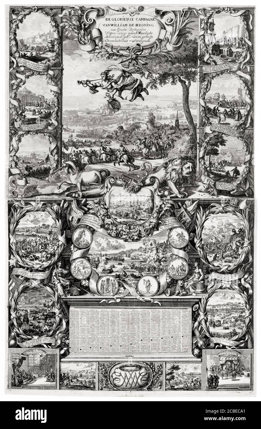 Militärschlachten und Siege von König Wilhelm III von Orange (1650-1702) in Irland, 1690, Infografik des 17. Jahrhunderts von Daniel de Lafeuille, 1690-1691 Stockfoto