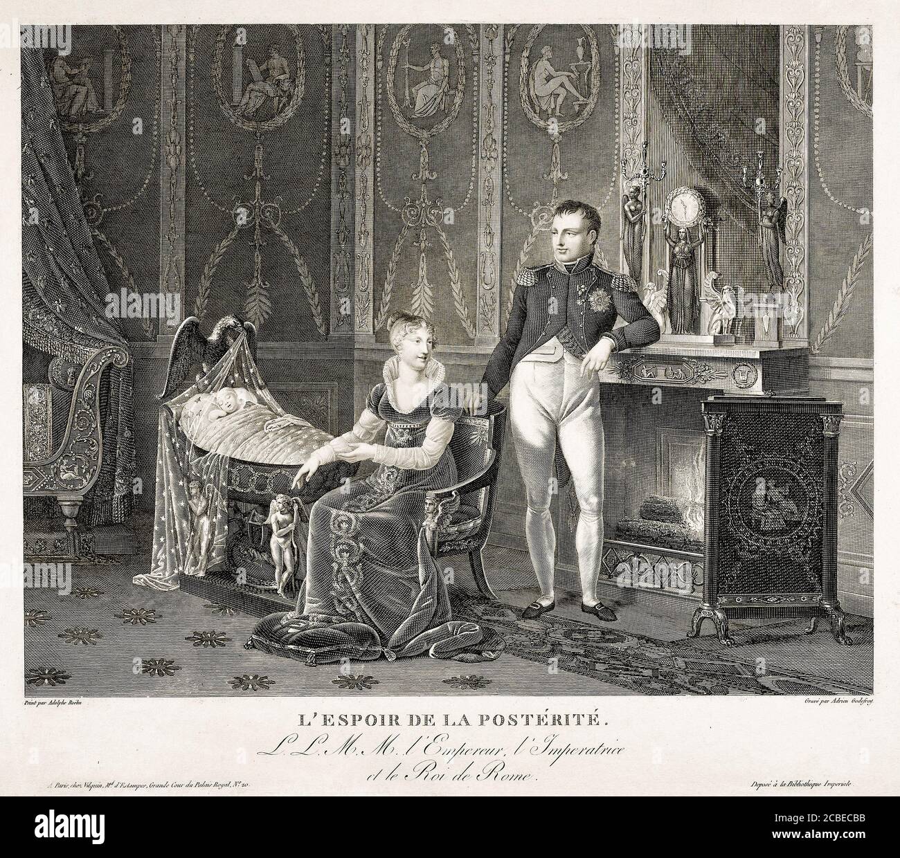 Die Hoffnung der Nachwelt: Der Kaiser Napoleon Bonaparte (1769-1821), seine Frau Kaiserin Marie Louise von Österreich (1791-1847) und ihr Sohn König von Rom, Napoleon II (1811-1832), Stich von Adrien Pierre Francois Godefroy nach Adolphe Roehn, 1811-1812 Stockfoto