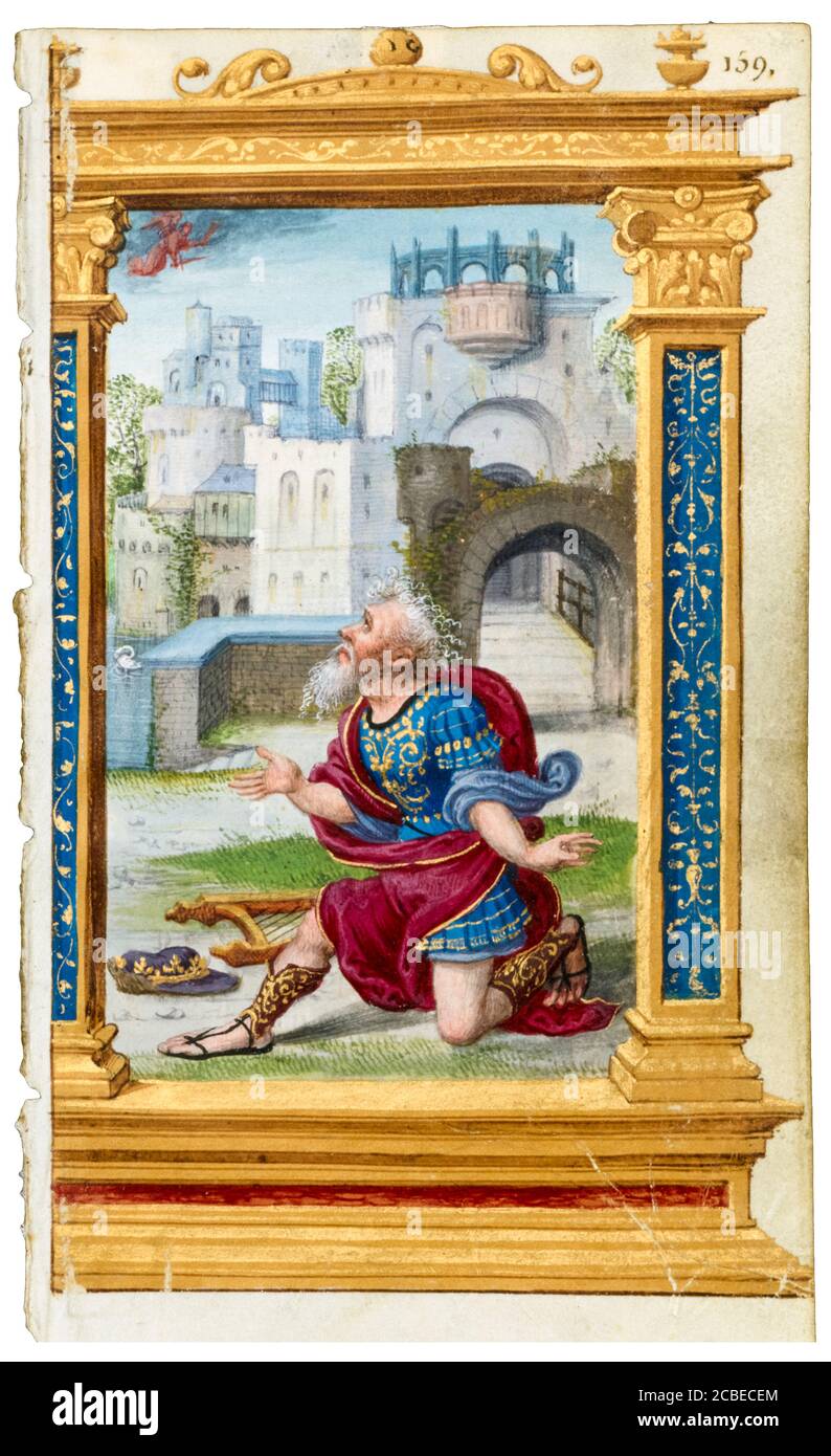 Blatt aus einem französischen Stundenbuch des 16. Jahrhunderts, König David im Gebet, illuminierte Handschrift des Stundenworkshops der 1520er Jahre, Noël Bellemare, um 1530-1535 Stockfoto