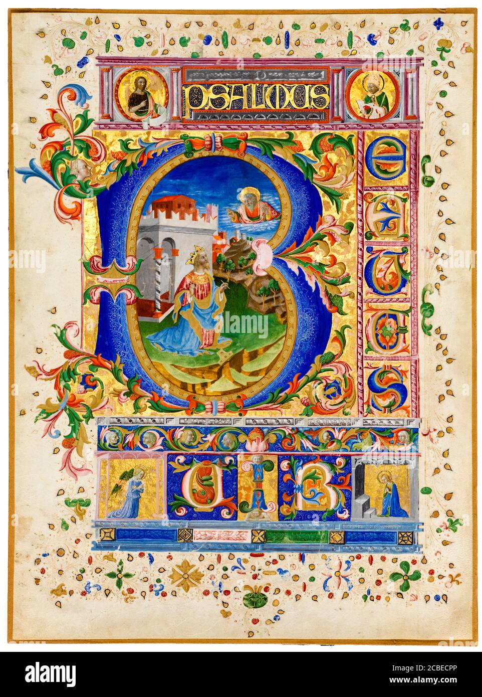 Blatt aus einem Psalter aus dem 15. Jahrhundert mit historisiertem Anfangsbuchstaben 'B', das König David zeigt, illuminierte Handschrift um 1450 Stockfoto