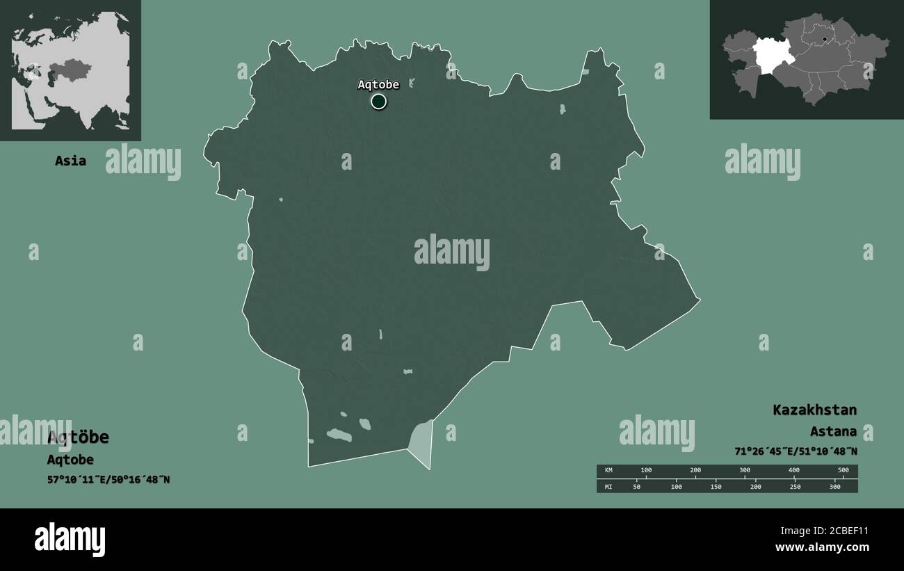 Form von Aqtöbe, Region von Kasachstan, und seine Hauptstadt. Entfernungsskala, Vorschauen und Beschriftungen. Farbige Höhenkarte. 3D-Rendering Stockfoto