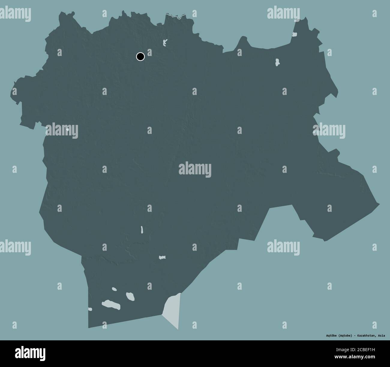 Form von Aqtöbe, Region von Kasachstan, mit seiner Hauptstadt isoliert auf einem einfarbigen Hintergrund. Farbige Höhenkarte. 3D-Rendering Stockfoto