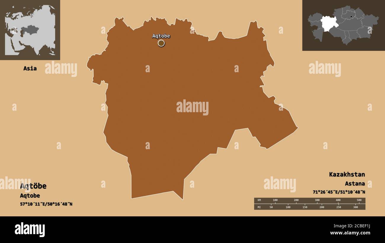 Form von Aqtöbe, Region von Kasachstan, und seine Hauptstadt. Entfernungsskala, Vorschauen und Beschriftungen. Komposition von gemusterten Texturen. 3D-Rendering Stockfoto