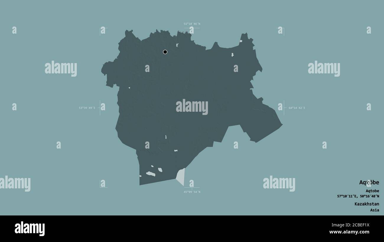 Gebiet von Aqtöbe, Region von Kasachstan, isoliert auf einem soliden Hintergrund in einem georeferenzierten Begrenzungsrahmen. Beschriftungen. Farbige Höhenkarte. 3D-Rendering Stockfoto