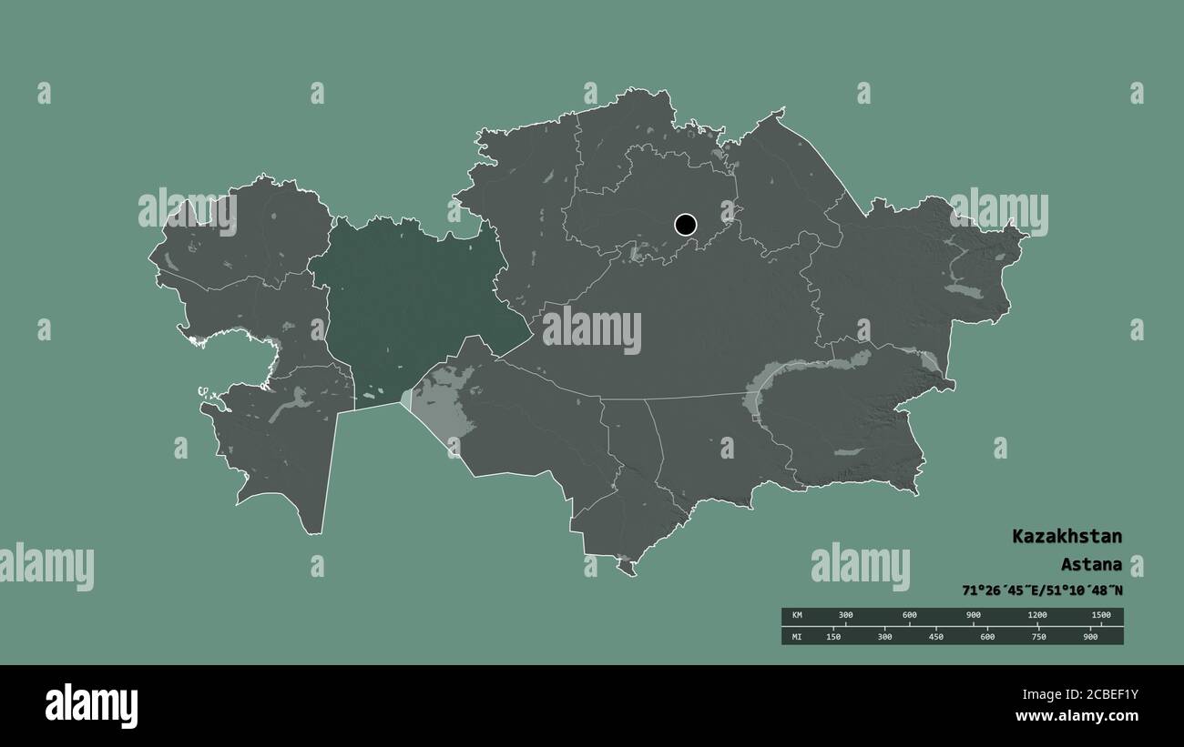 Entsättigte Form von Kasachstan mit seiner Hauptstadt, der wichtigsten regionalen Teilung und dem abgetrennten Aqtöbe-Gebiet. Beschriftungen. Farbige Höhenkarte. 3D-Rendering Stockfoto