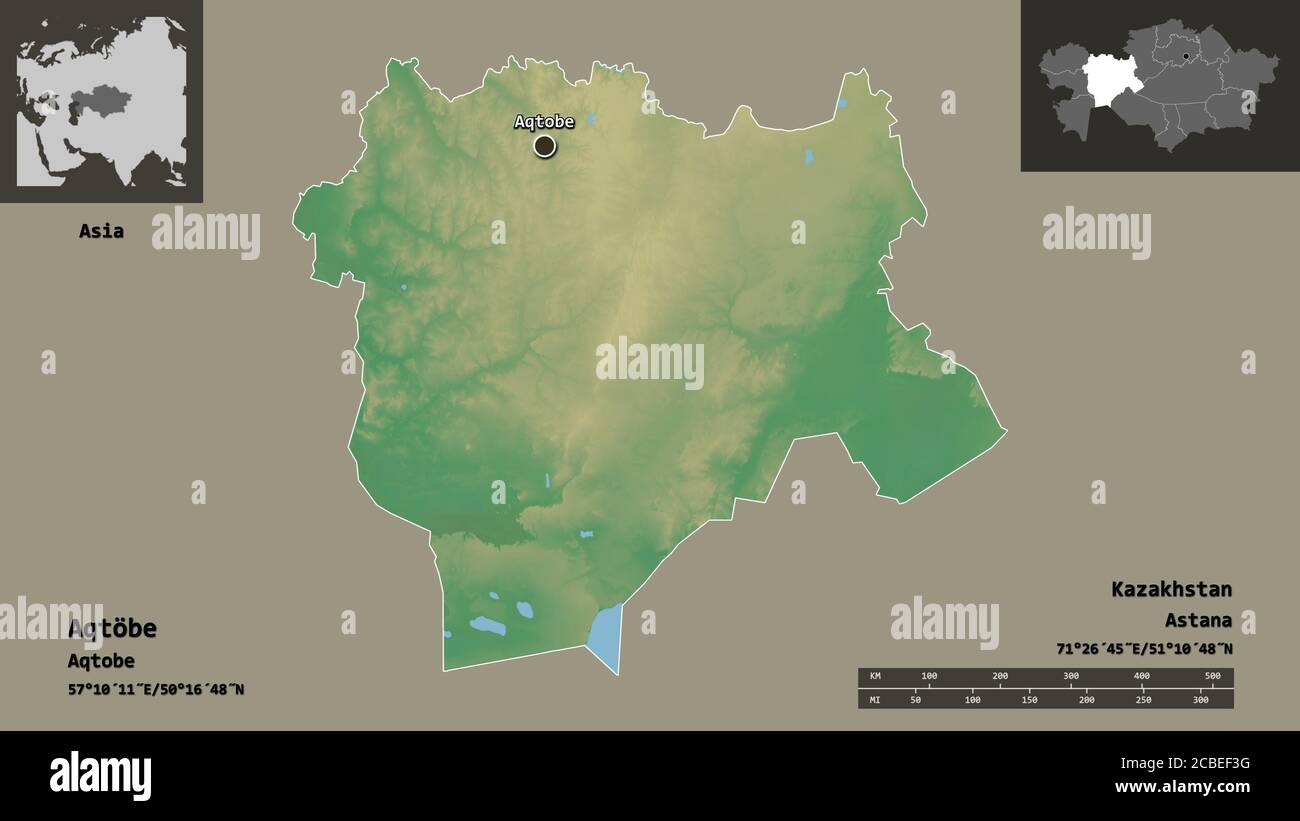 Form von Aqtöbe, Region von Kasachstan, und seine Hauptstadt. Entfernungsskala, Vorschauen und Beschriftungen. Topografische Reliefkarte. 3D-Rendering Stockfoto