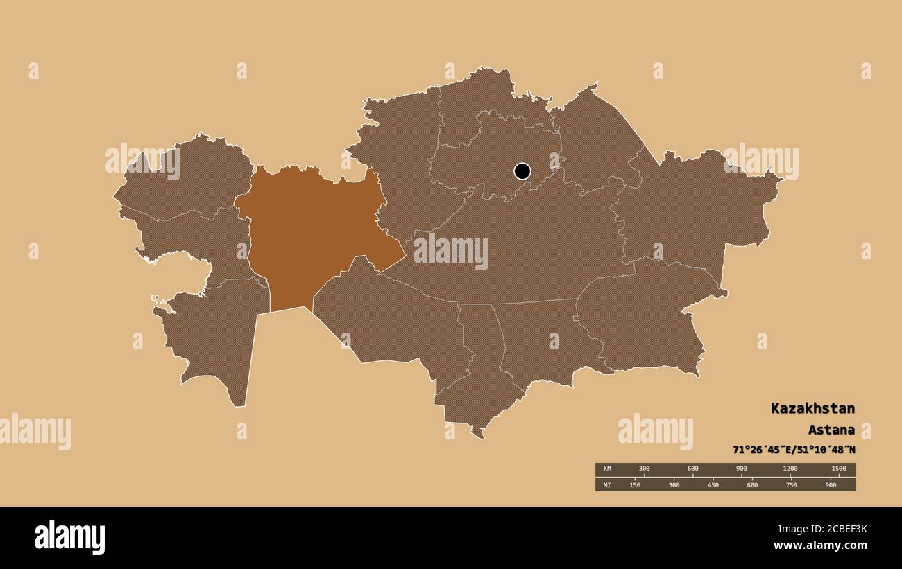 Entsättigte Form von Kasachstan mit seiner Hauptstadt, der wichtigsten regionalen Teilung und dem abgetrennten Aqtöbe-Gebiet. Beschriftungen. Komposition von gemusterten Texturen. 3D Stockfoto