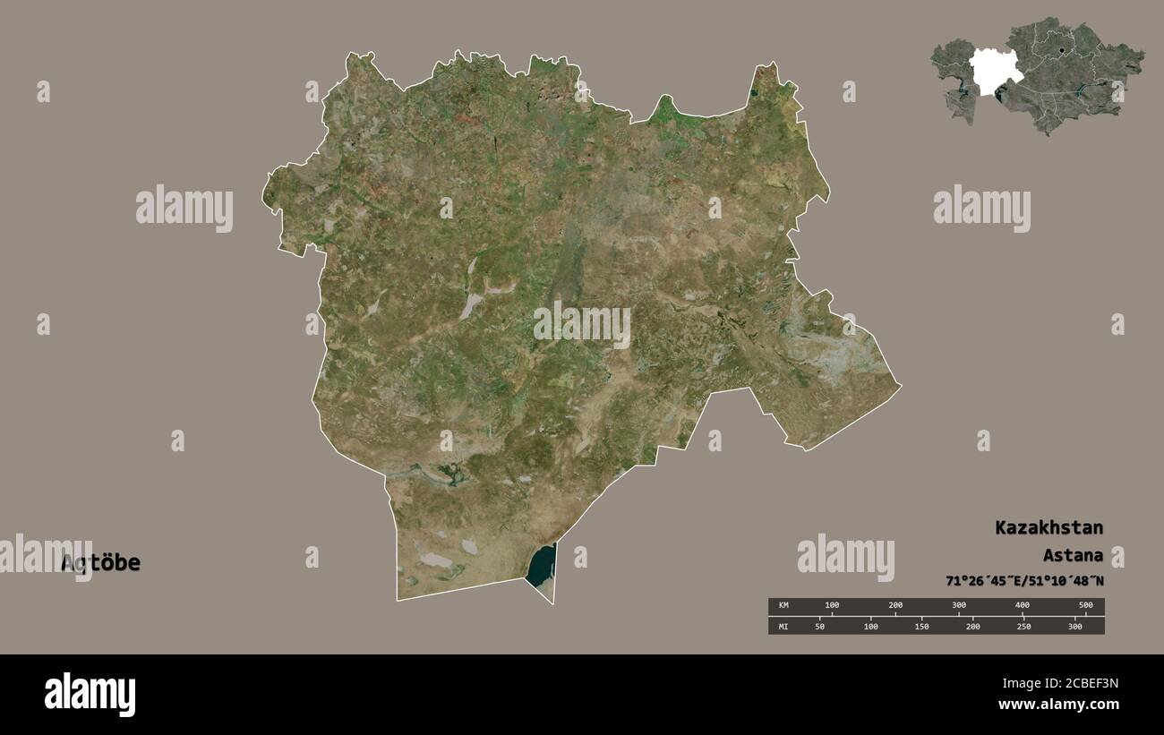 Form von Aqtöbe, Region von Kasachstan, mit seiner Hauptstadt isoliert auf festem Hintergrund. Entfernungsskala, Regionenvorschau und Beschriftungen. Satellitenbilder. 3D Stockfoto