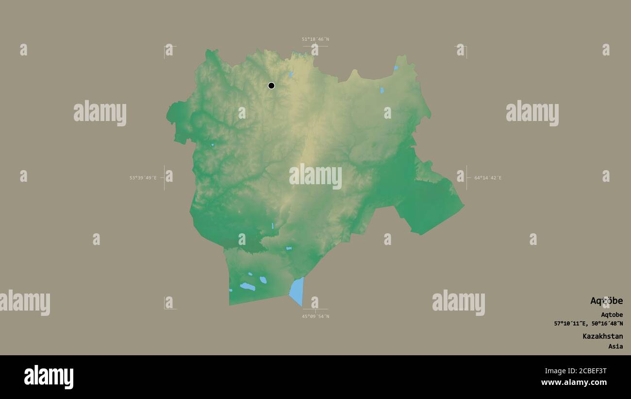 Gebiet von Aqtöbe, Region von Kasachstan, isoliert auf einem soliden Hintergrund in einem georeferenzierten Begrenzungsrahmen. Beschriftungen. Topografische Reliefkarte. 3D-Rendering Stockfoto