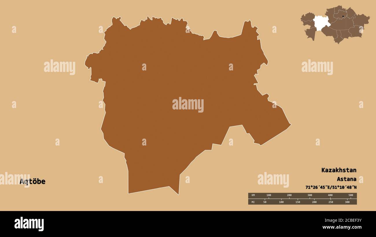 Form von Aqtöbe, Region von Kasachstan, mit seiner Hauptstadt isoliert auf festem Hintergrund. Entfernungsskala, Regionenvorschau und Beschriftungen. Zusammensetzung des Patters Stockfoto