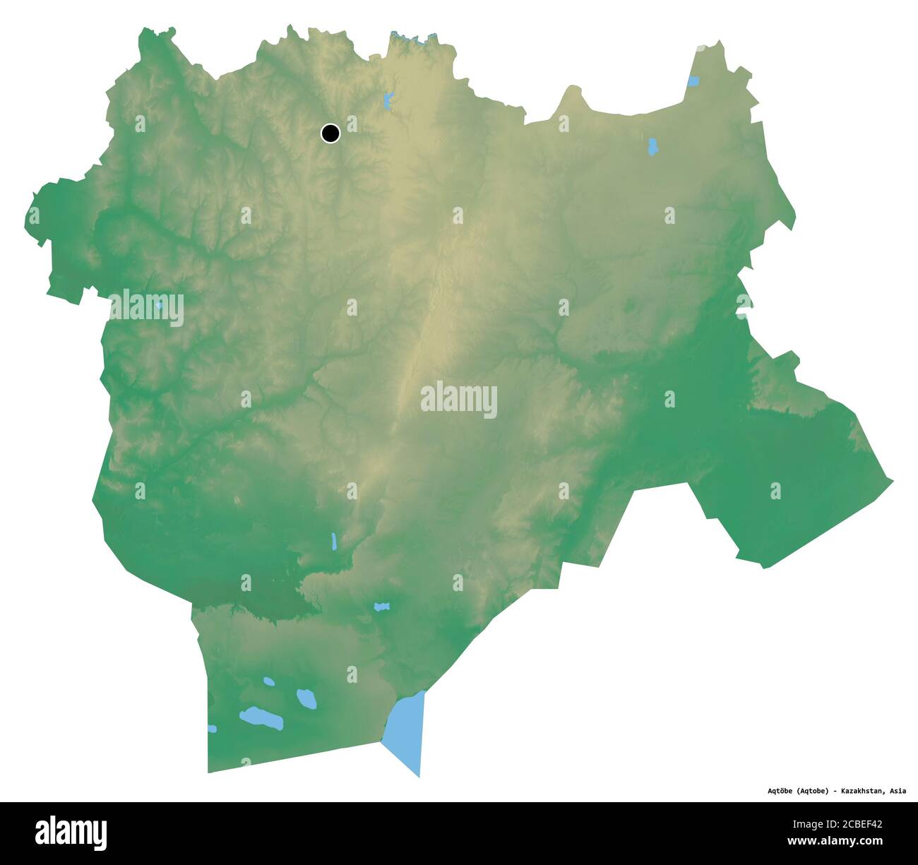 Form von Aqtöbe, Region von Kasachstan, mit seiner Hauptstadt isoliert auf weißem Hintergrund. Topografische Reliefkarte. 3D-Rendering Stockfoto