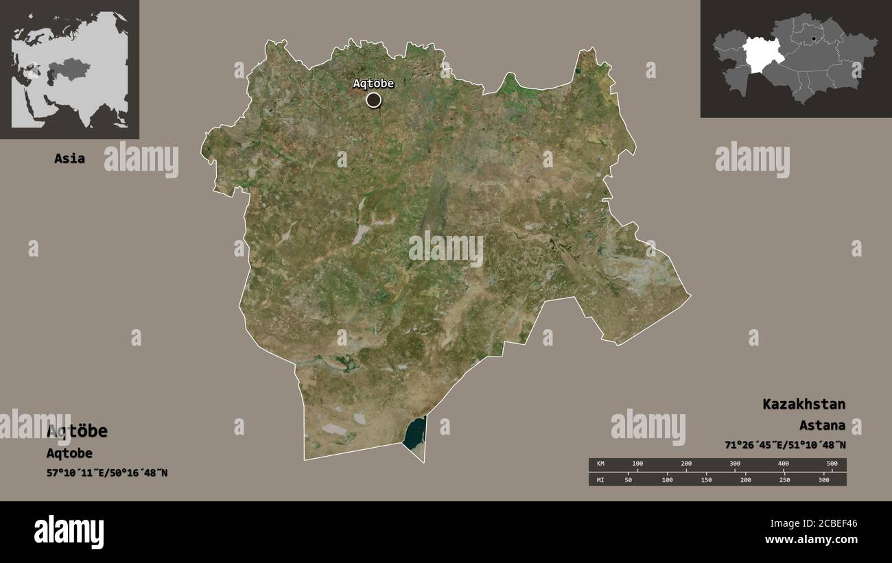 Form von Aqtöbe, Region von Kasachstan, und seine Hauptstadt. Entfernungsskala, Vorschauen und Beschriftungen. Satellitenbilder. 3D-Rendering Stockfoto