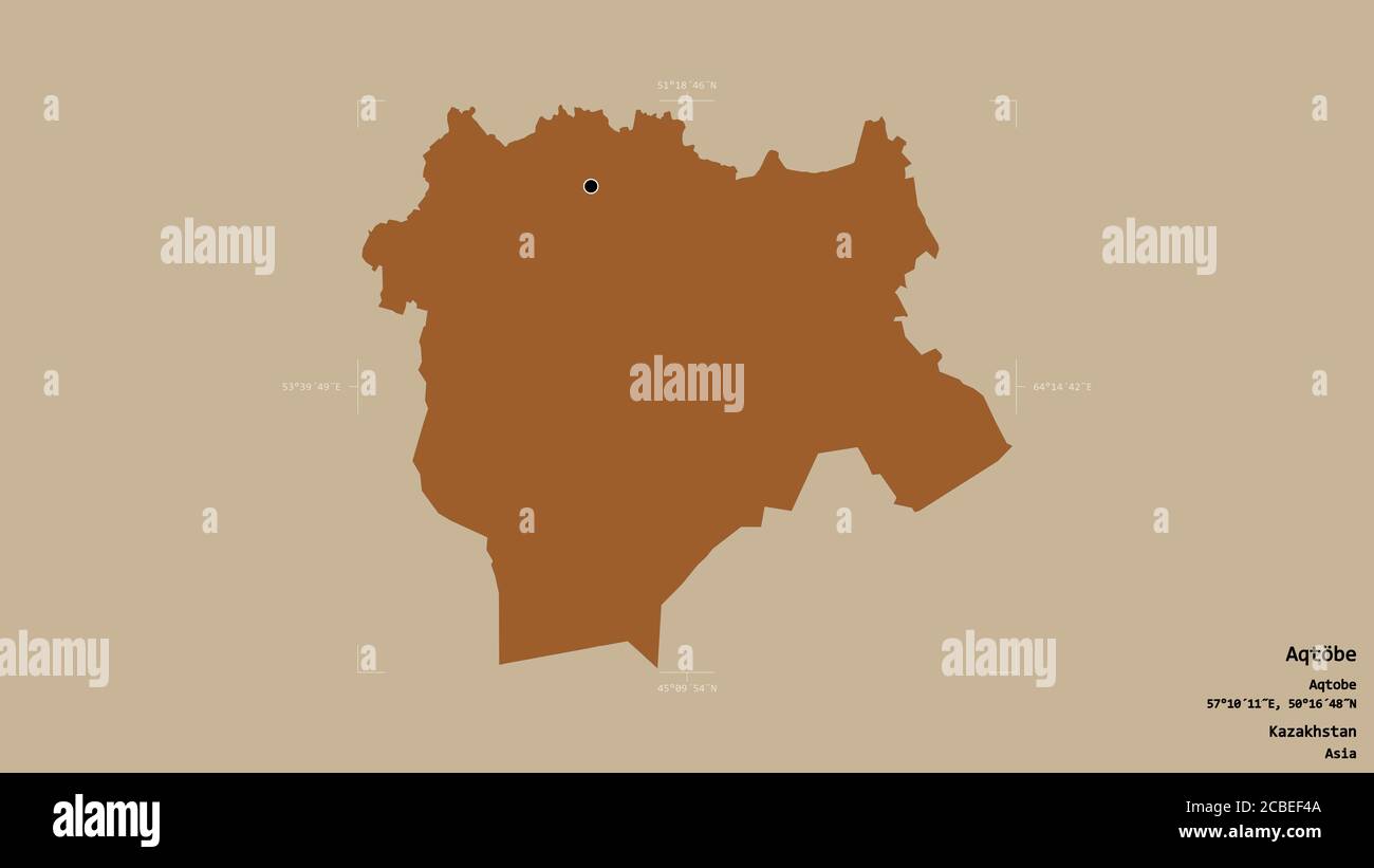 Gebiet von Aqtöbe, Region von Kasachstan, isoliert auf einem soliden Hintergrund in einem georeferenzierten Begrenzungsrahmen. Beschriftungen. Komposition von gemusterten Texturen. 3D-RE Stockfoto