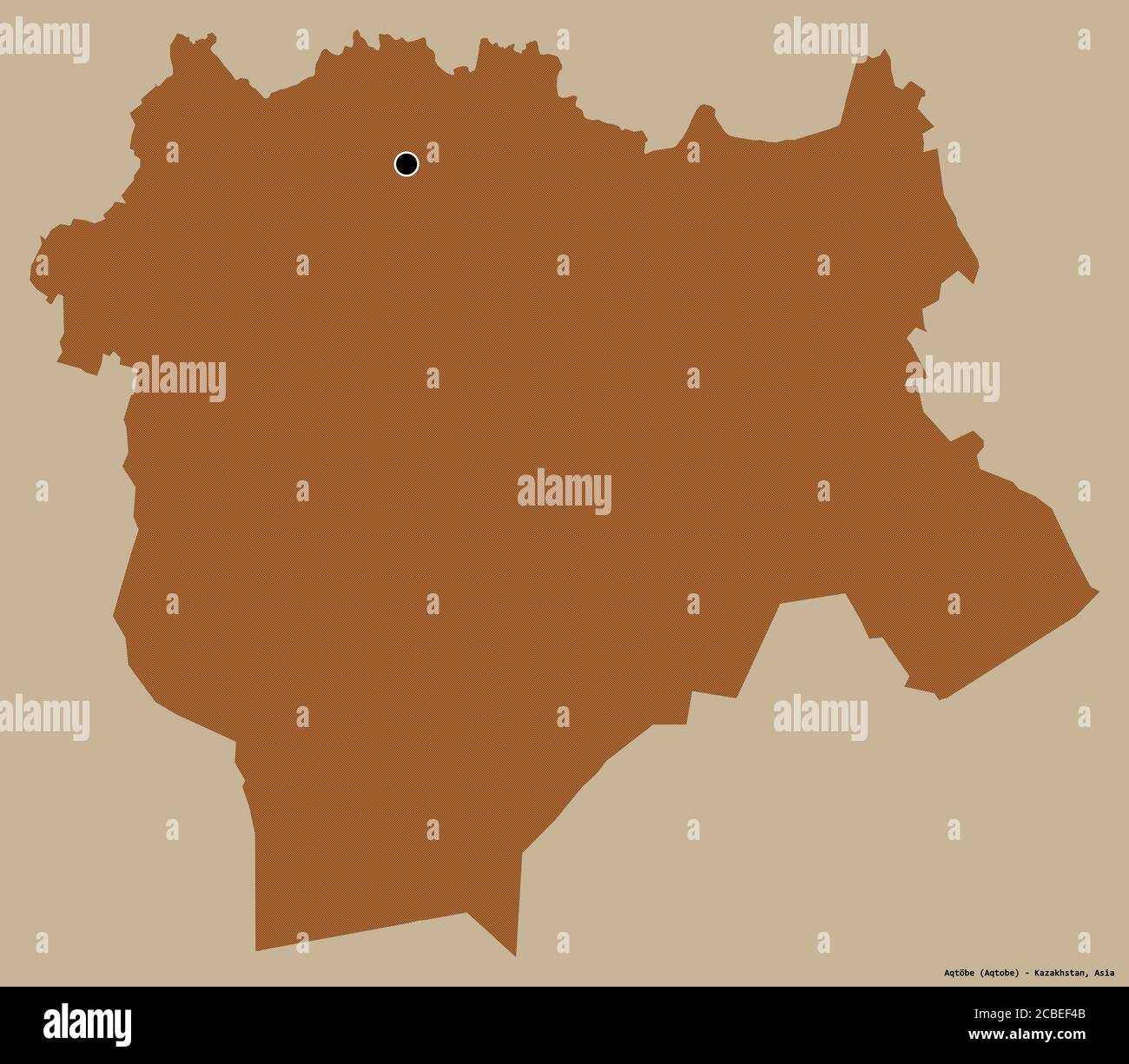 Form von Aqtöbe, Region von Kasachstan, mit seiner Hauptstadt isoliert auf einem einfarbigen Hintergrund. Komposition von gemusterten Texturen. 3D-Rendering Stockfoto