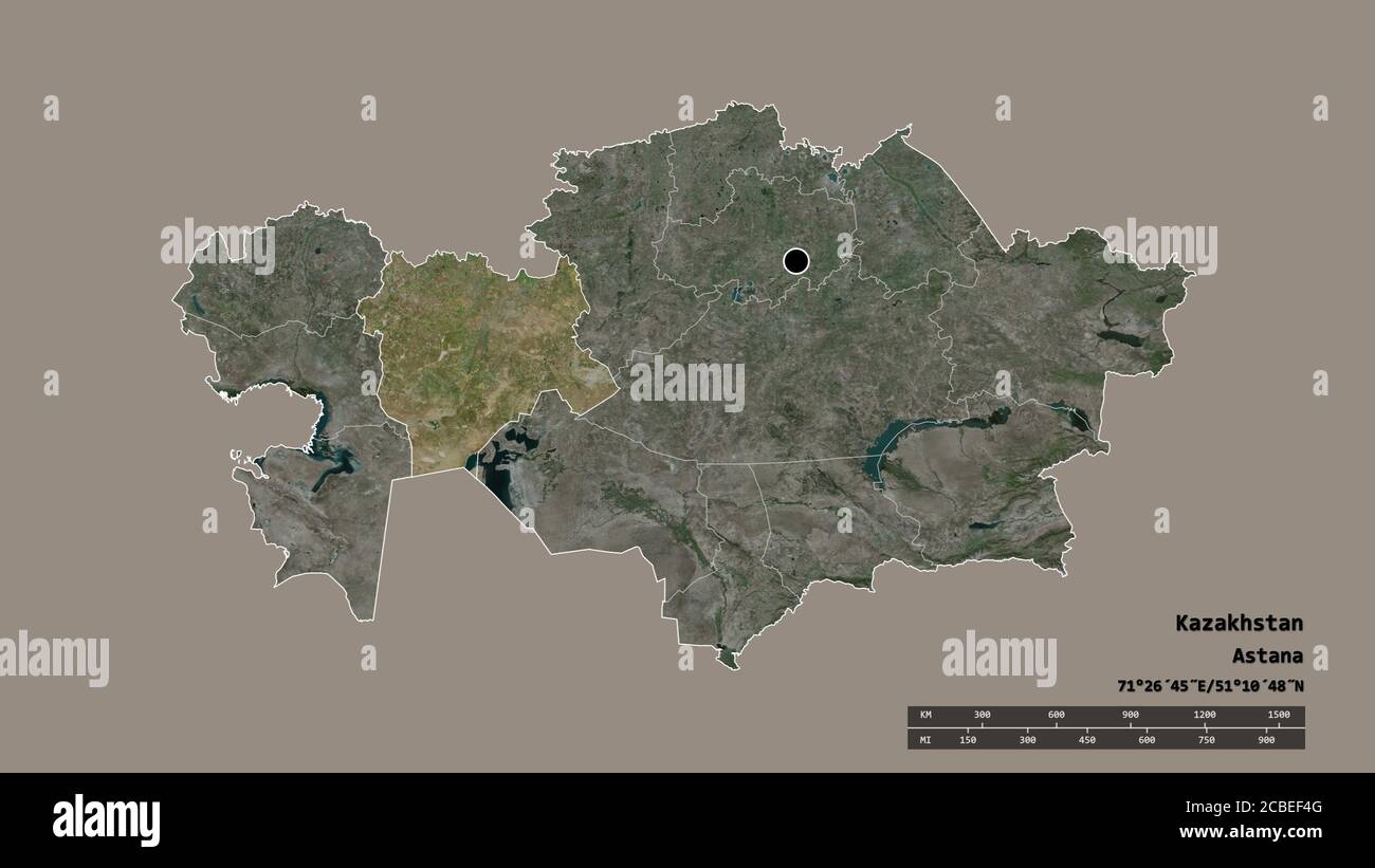Entsättigte Form von Kasachstan mit seiner Hauptstadt, der wichtigsten regionalen Teilung und dem abgetrennten Aqtöbe-Gebiet. Beschriftungen. Satellitenbilder. 3D-Rendering Stockfoto