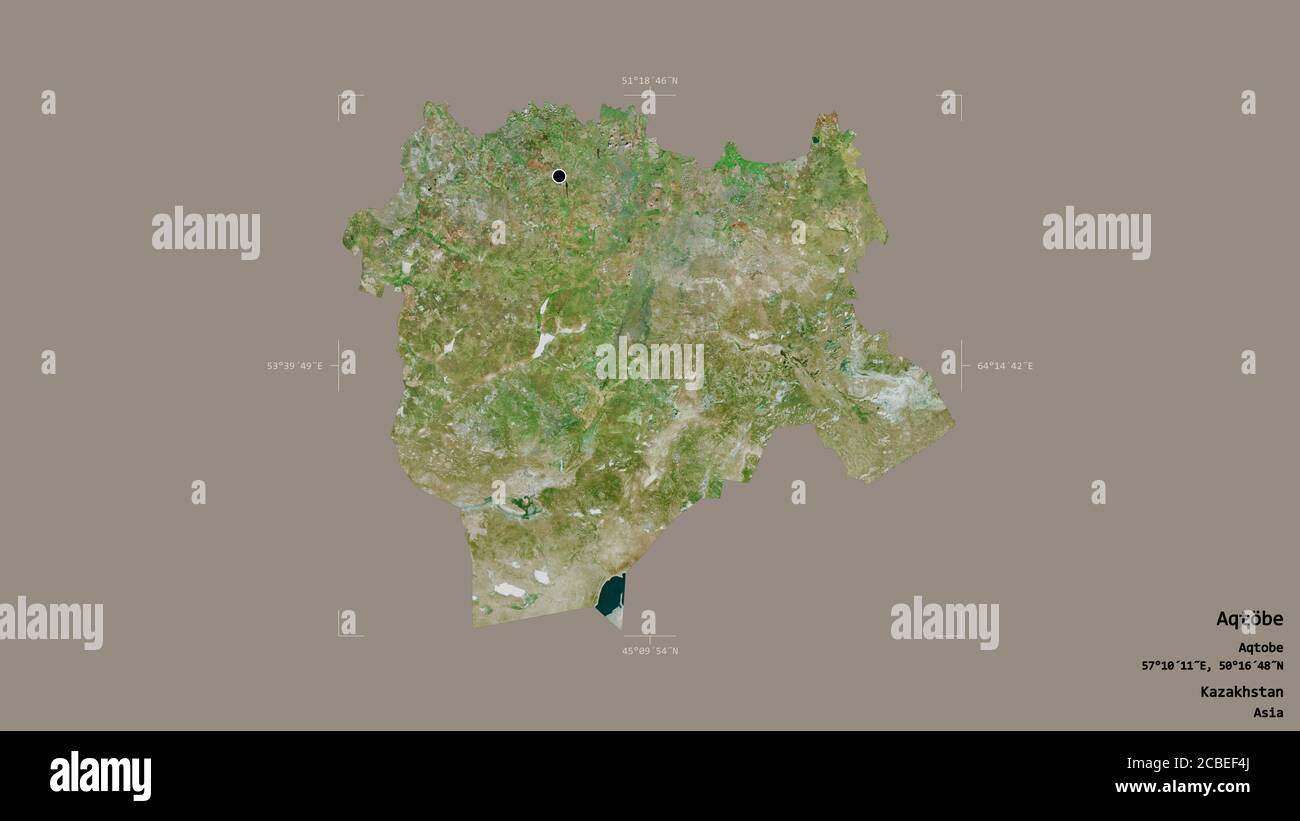 Gebiet von Aqtöbe, Region von Kasachstan, isoliert auf einem soliden Hintergrund in einem georeferenzierten Begrenzungsrahmen. Beschriftungen. Satellitenbilder. 3D-Rendering Stockfoto