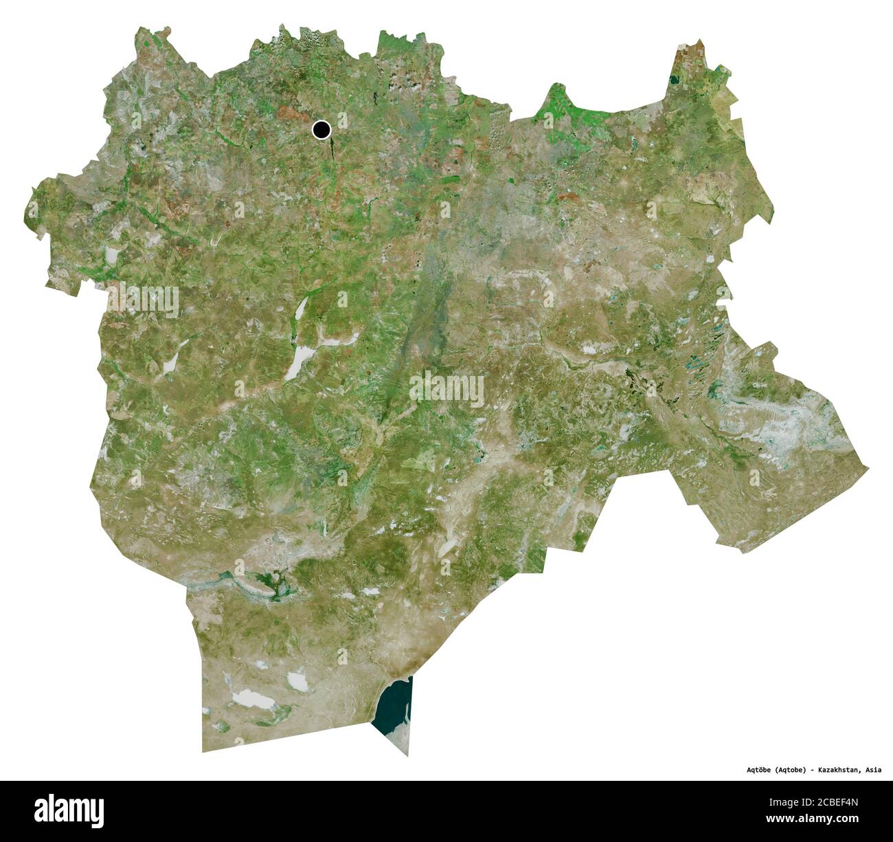 Form von Aqtöbe, Region von Kasachstan, mit seiner Hauptstadt isoliert auf weißem Hintergrund. Satellitenbilder. 3D-Rendering Stockfoto