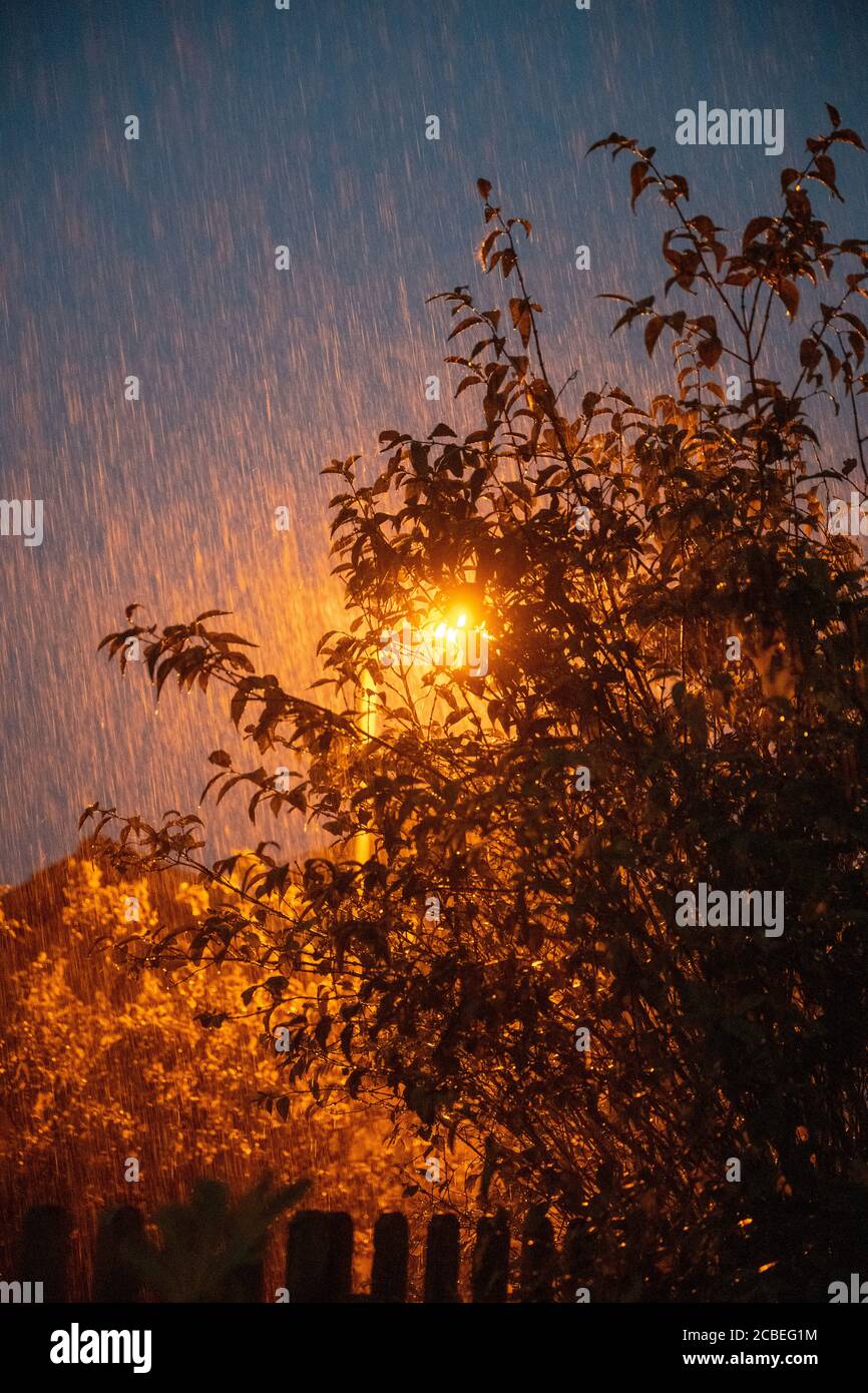 Sintflutartiger Regen in der Nacht, der von einer Straßenlampe während eines Sommersturms in Großbritannien beleuchtet wird. Stockfoto