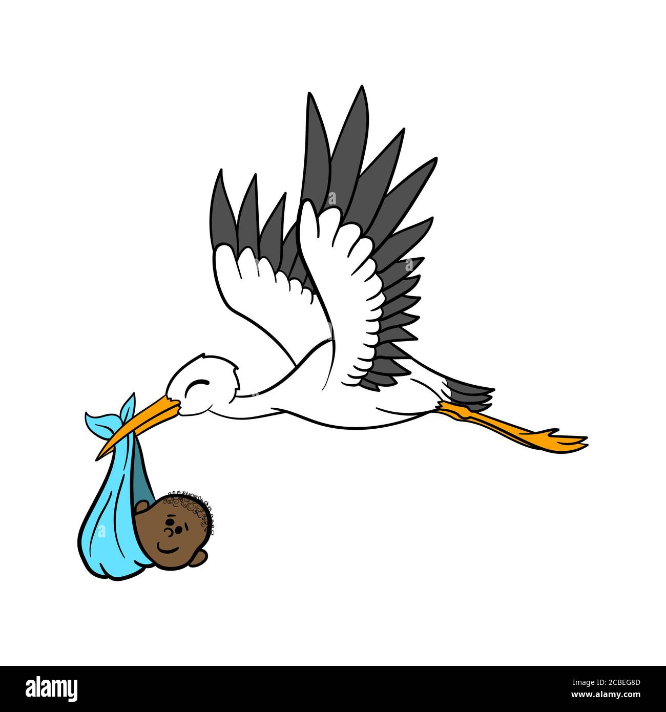 Digitale Illustration eines Storches, der ein schwarzes männliches Baby trägt Isoliert auf weißem Hintergrund Stockfoto