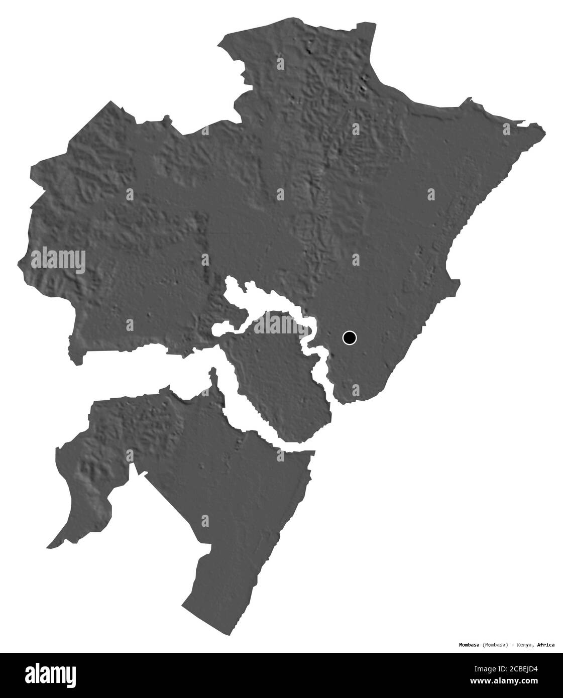 Form von Mombasa, Grafschaft von Kenia, mit seiner Hauptstadt isoliert auf weißem Hintergrund. Höhenkarte mit zwei Ebenen. 3D-Rendering Stockfoto