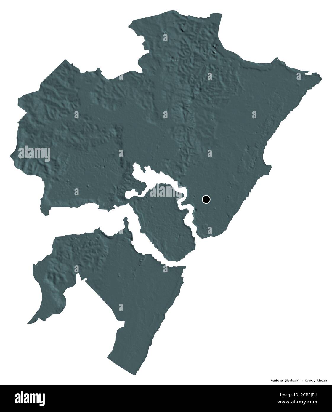 Form von Mombasa, Grafschaft von Kenia, mit seiner Hauptstadt isoliert auf weißem Hintergrund. Farbige Höhenkarte. 3D-Rendering Stockfoto