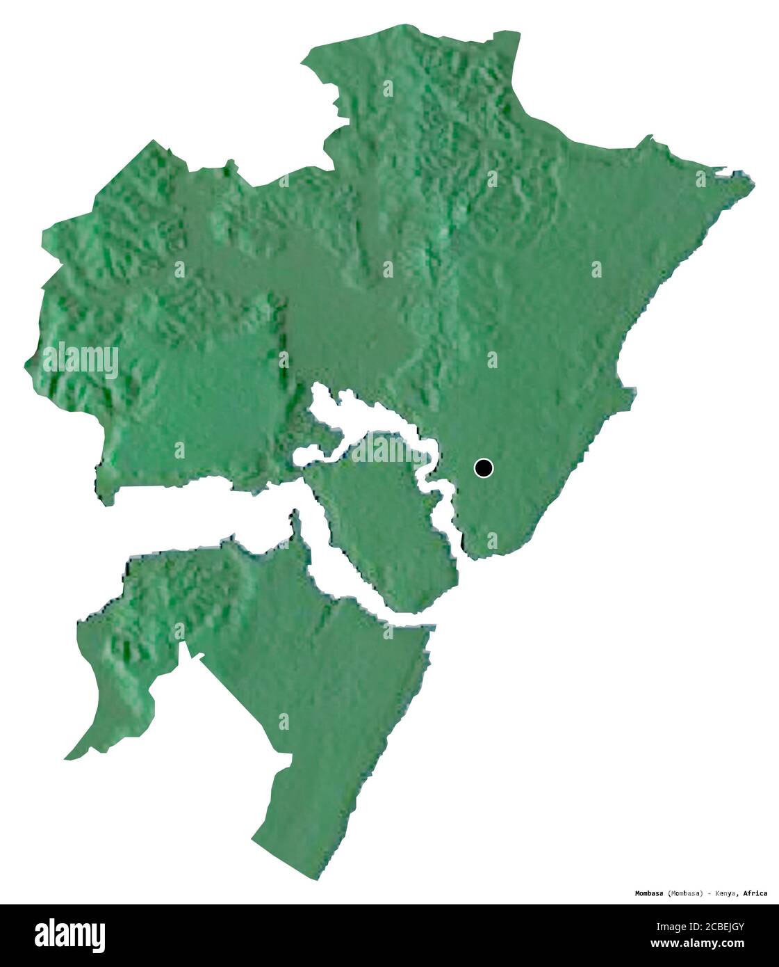 Form von Mombasa, Grafschaft von Kenia, mit seiner Hauptstadt isoliert auf weißem Hintergrund. Topografische Reliefkarte. 3D-Rendering Stockfoto