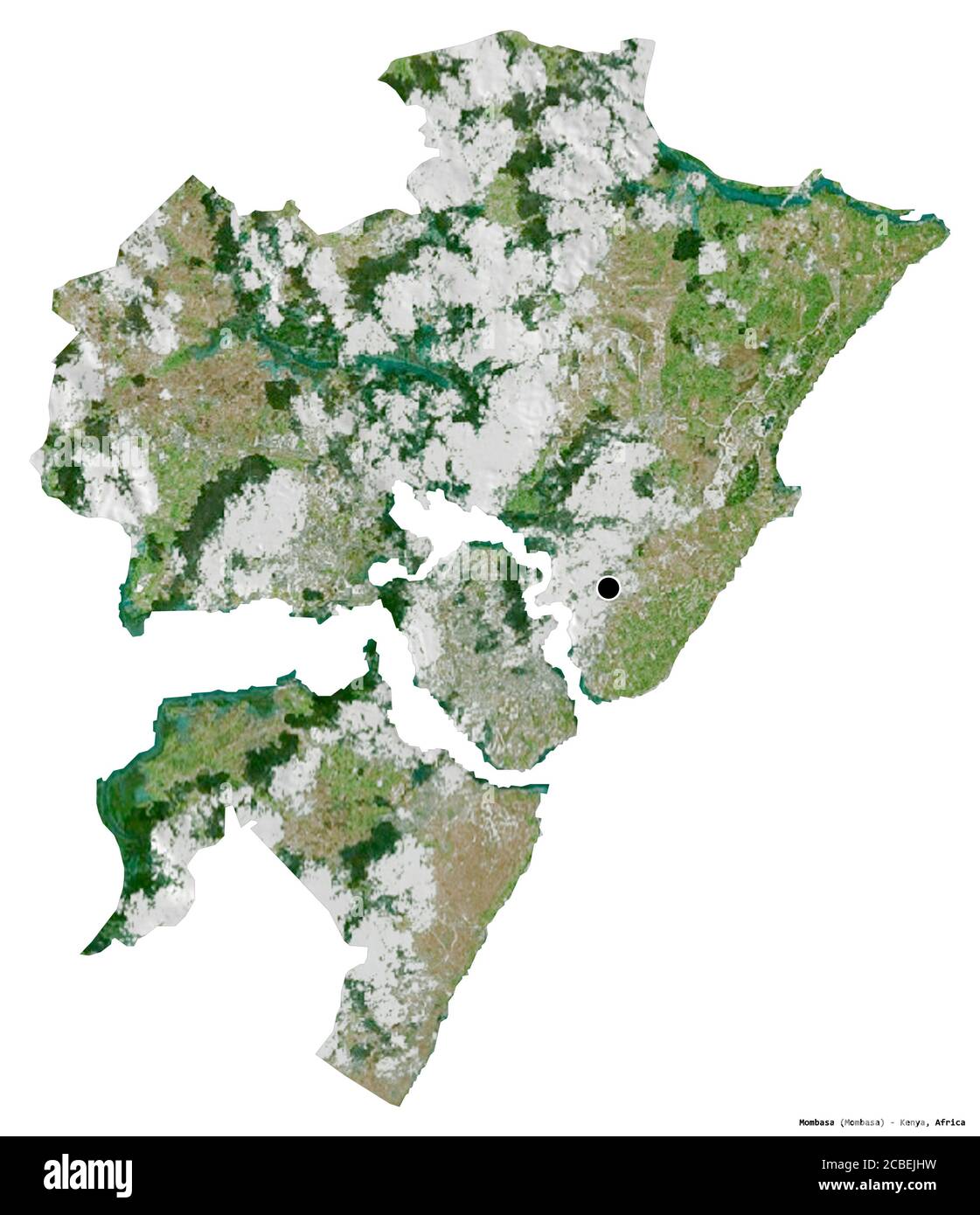 Form von Mombasa, Grafschaft von Kenia, mit seiner Hauptstadt isoliert auf weißem Hintergrund. Satellitenbilder. 3D-Rendering Stockfoto