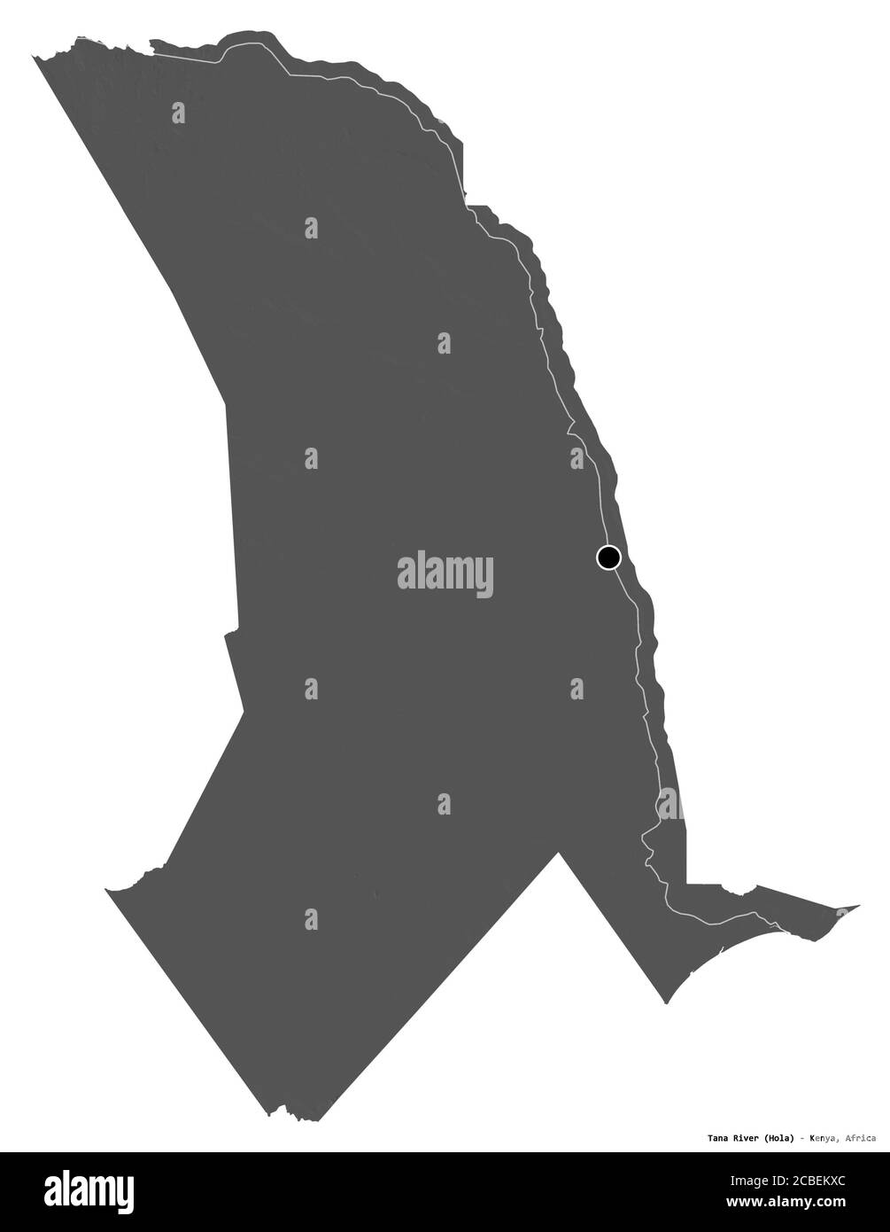 Form des Tana River, Grafschaft Kenia, mit seiner Hauptstadt isoliert auf weißem Hintergrund. Höhenkarte mit zwei Ebenen. 3D-Rendering Stockfoto