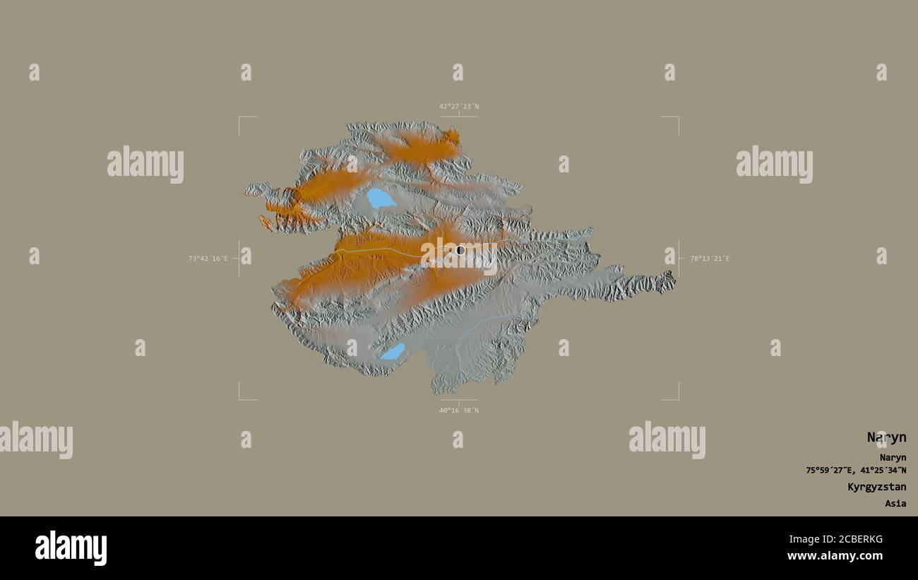 Gebiet von Naryn, Provinz Kirgisistan, isoliert auf einem soliden Hintergrund in einem georeferenzierten Begrenzungsrahmen. Beschriftungen. Topografische Reliefkarte. 3D-Rendering Stockfoto