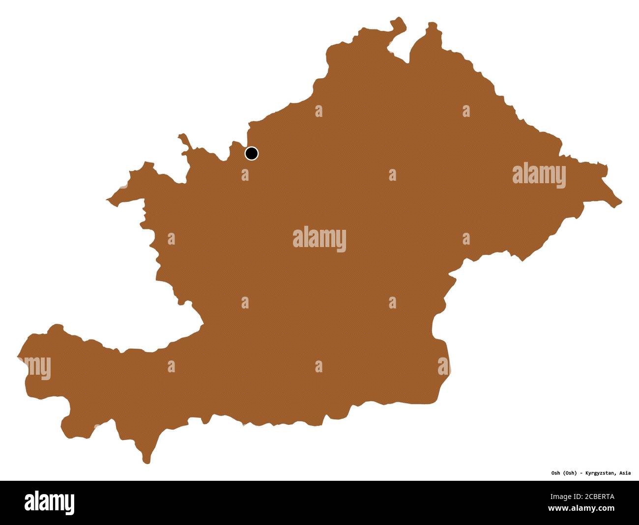 Form von Osch, Provinz Kirgisistan, mit seiner Hauptstadt isoliert auf weißem Hintergrund. Komposition von gemusterten Texturen. 3D-Rendering Stockfoto