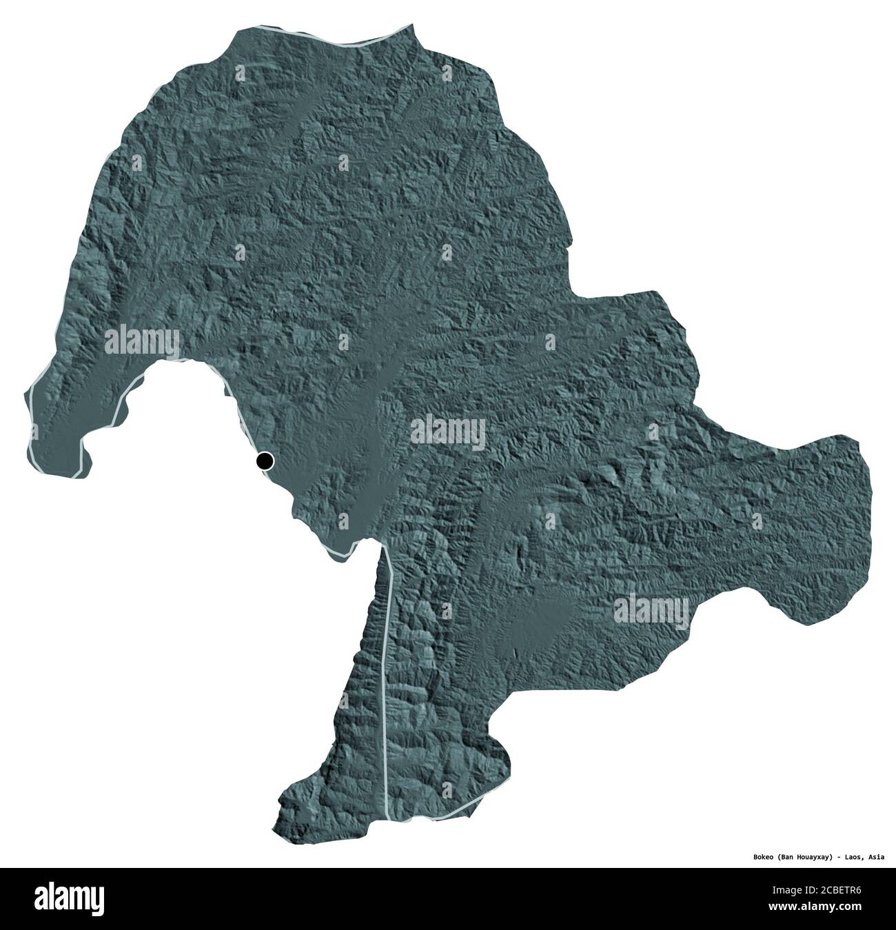 Form von Bokeo, Provinz Laos, mit seiner Hauptstadt isoliert auf weißem Hintergrund. Farbige Höhenkarte. 3D-Rendering Stockfoto