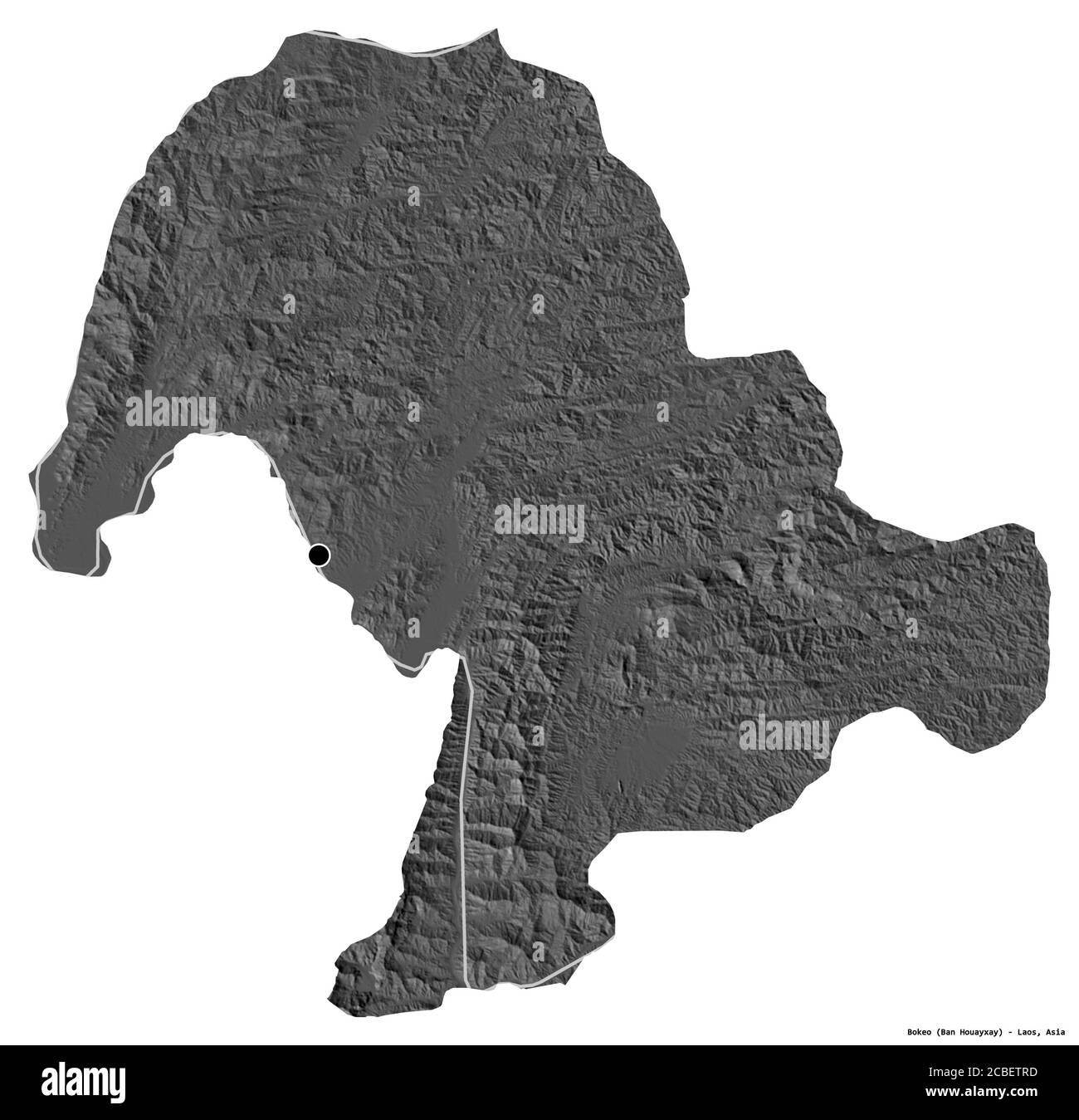 Form von Bokeo, Provinz Laos, mit seiner Hauptstadt isoliert auf weißem Hintergrund. Höhenkarte mit zwei Ebenen. 3D-Rendering Stockfoto