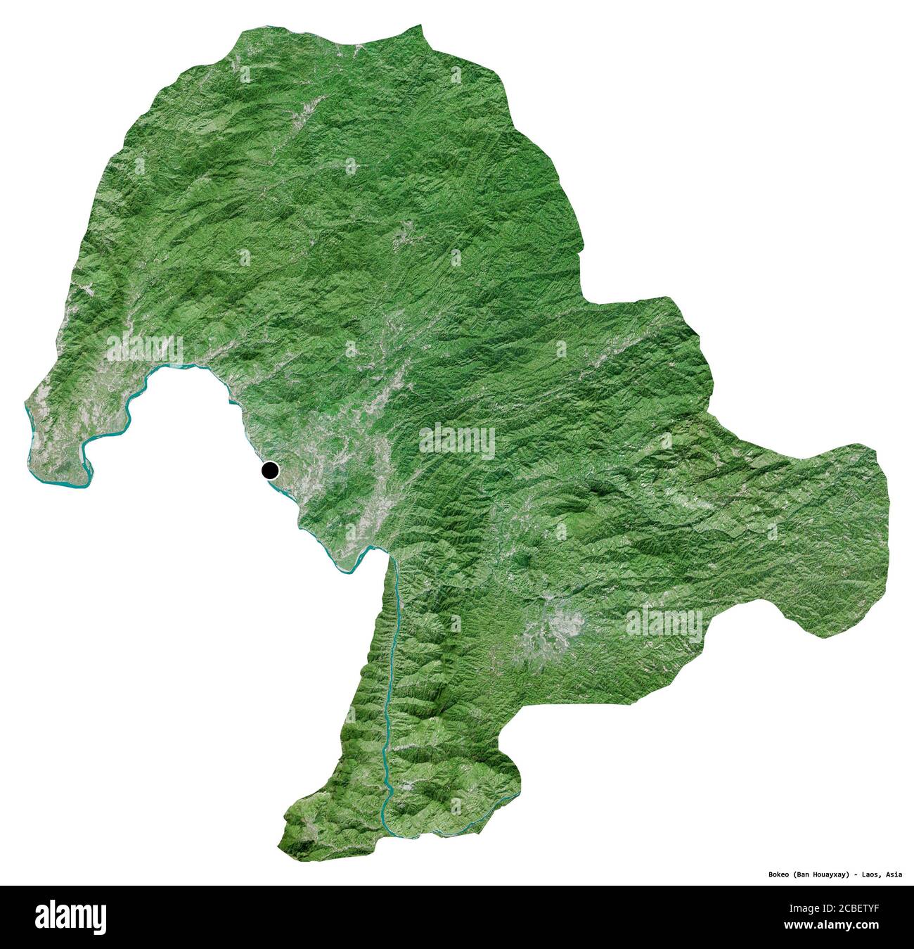 Form von Bokeo, Provinz Laos, mit seiner Hauptstadt isoliert auf weißem Hintergrund. Satellitenbilder. 3D-Rendering Stockfoto