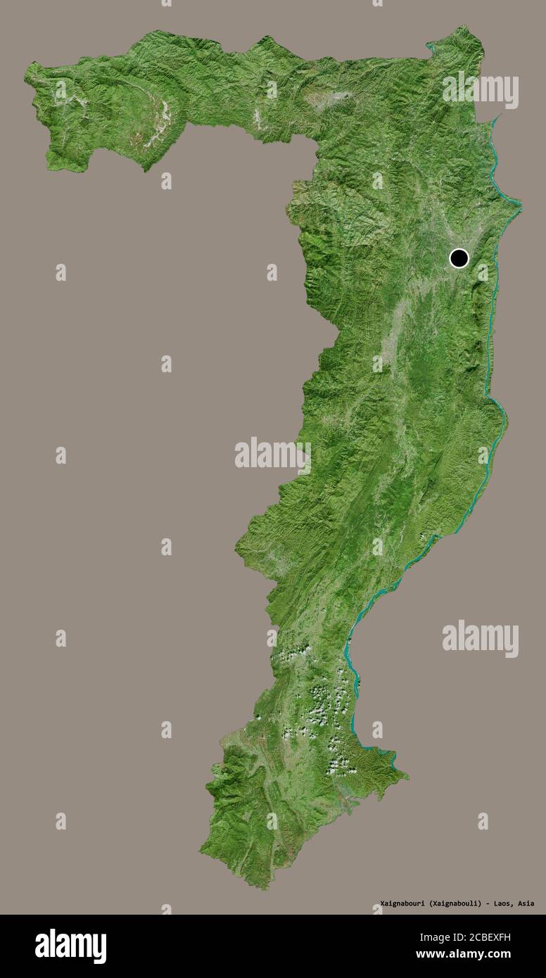 Form von Xaignabouri, Provinz Laos, mit seiner Hauptstadt isoliert auf einem einfarbigen Hintergrund. Satellitenbilder. 3D-Rendering Stockfoto